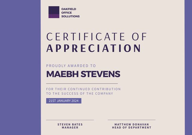 Certificate of Appreciation template designed for companies and organizations to reward employees for their contributions. Ideal for corporate recognition events and acknowledging outstanding performance. Editable sections include recipient name, date, and management signatures.