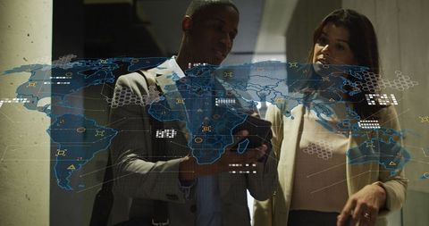 Business Professionals Analyzing Global Digital Interface Data