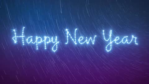 Glowing Happy New Year Light Script with Rotating Star Trails and Neon Gradient Sky