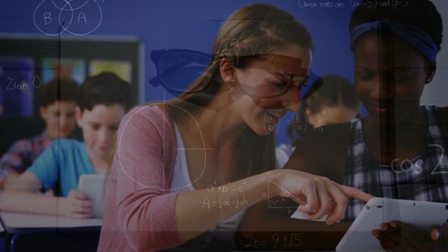 Diverse students engaged in learning with tablets, featuring an overlay of mathematical equations. Suitable for concepts related to modern education, technology in classrooms, and interactive learning in a global context. Ideal for educational materials, digital learning platforms, tech-in-education promotions, and articles on innovative teaching methods.