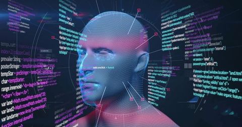 Futuristic 3d mesh head with code and visual interface