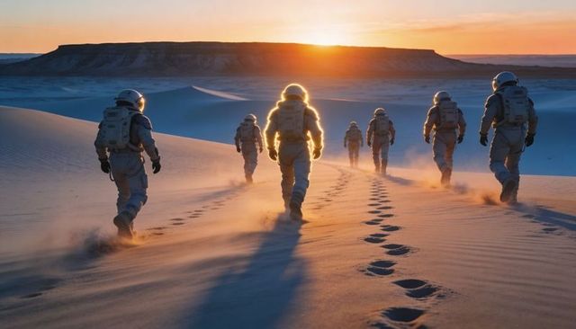 Astronaut crew trekking across rippled sand dunes at sunrise with haloed leader