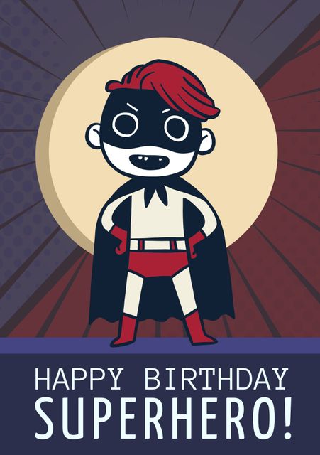 Vibrant cartoon illustration of a superhero in front of a burst background, perfect for child’s birthday celebrations. Ideal for birthday party invitations, greeting cards, or festive party decor that adds a fun, lively atmosphere to superhero-themed events.