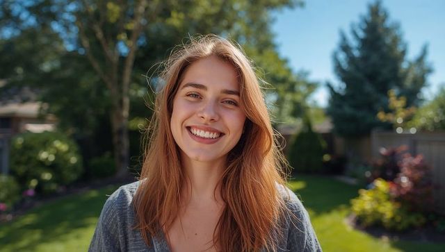 Cheerful woman smiling in sunny garden.