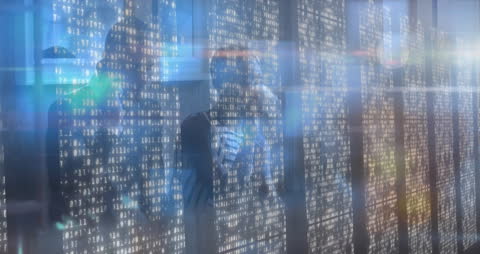 Digital Mosaic Overlays with Professionals in Modern Cafe Setting