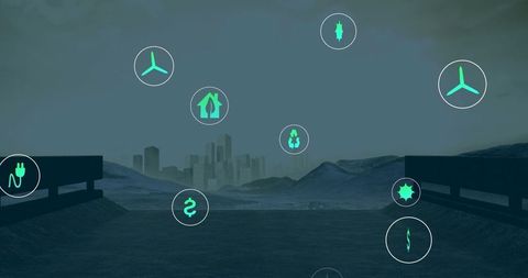 eco icons floating over cityscape representing sustainability - Download Free Stock Images Pikwizard.com