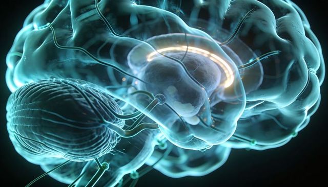 Glowing translucent brain revealing neural ring and axon networks for neurotech concept