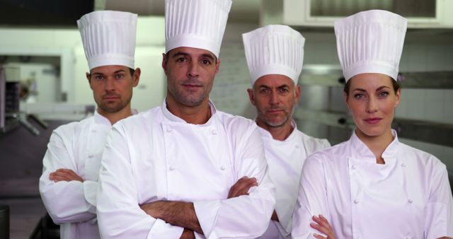 Group of four professional chefs confidently standing in modern restaurant kitchen. Good for illustrating professional culinary teams, restaurant environments, or teamwork in culinary arts.