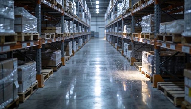 Empty warehouse aisle with pallet racks and shiny polished concrete floor, vanishing point