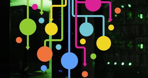 Colorful Geometric Signs Overlaying Dark Server Room