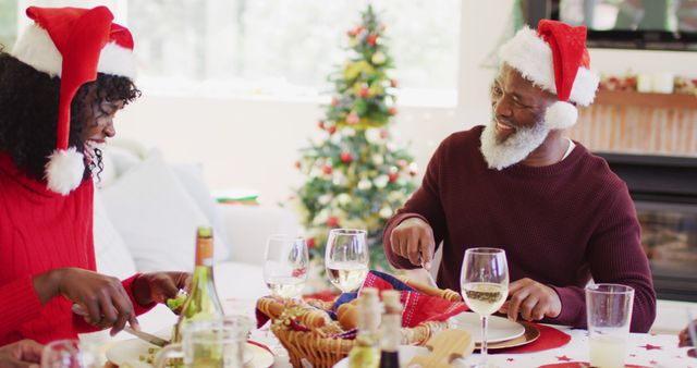 African American Couple Enjoying Christmas Meal Together with Christmas Tree - Download Free Stock Images Pikwizard.com