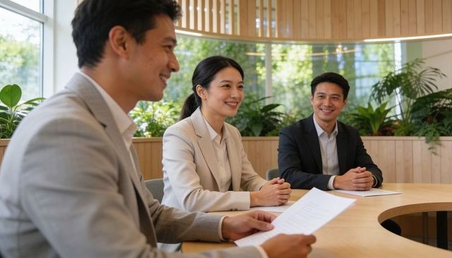 Confident asian businesswoman leading collaborative meeting in biophilic curved wooden boardroom