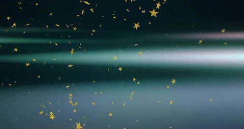Gold Stars Drifting Over Teal Blue Background With Light Beam, Festive Abstract Backdrop