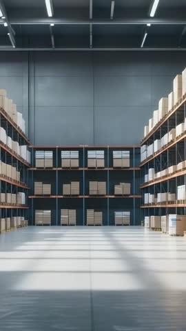 Vertical warehouse video with sunlight streaming down central aisle and stacked boxes