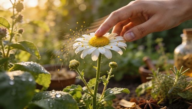 Tapping white daisy with fingertip releasing pollen and dew in sunlit garden macro