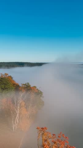 Vertical video: Fog bank rolling over forest ridge with autumn foliage toward distant horizon