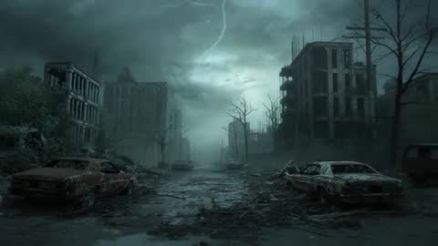 Apocalyptic Scene with Dramatic Lightning and Ruined City