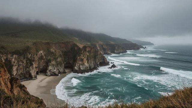 Majestic Foggy Coastal Cliffs with Rolling Waves