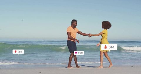 Couple Connecting on Tranquil Beach Encounter with Social Media Overlays