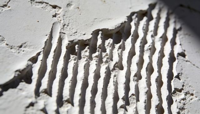 Notched-trowel plaster ridges and grooves on interior wall surface for renovation