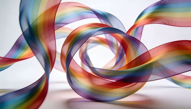 Spiraling translucent rainbow ribbons creating soft color gradients and light reflections