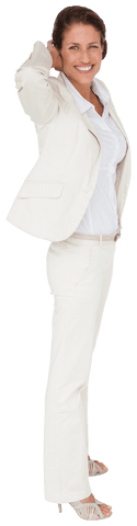 Smiling Caucasian Businesswoman in White Outfit on Transparent Background