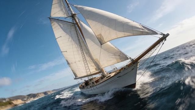 Classic schooner heeling through ocean waves with full sails and active crew