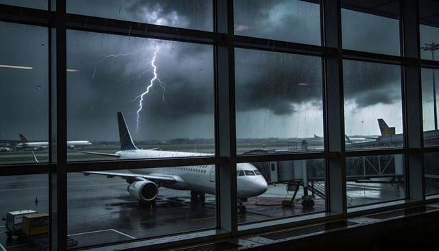 Lightning striking over narrow-body jet at rain-soaked airport gate during storm delay