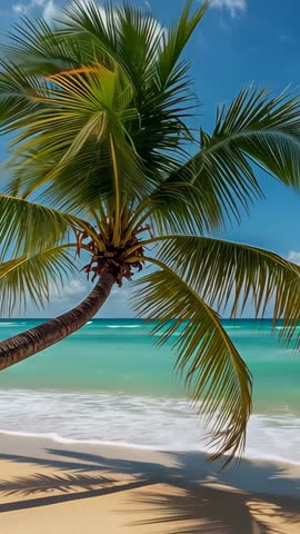 Swaying Palm Tree Framing Turquoise Waves Rolling on Tropical Beach Vertical Video