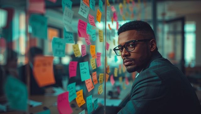 Focused manager analyzing colorful notes on glass wall in modern office