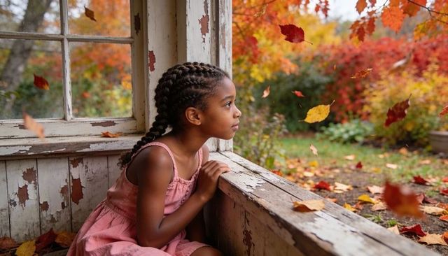 Young girl watching falling autumn leaves from weathered porch window sill