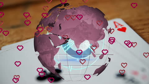 Rotating Globe with Hearts and Cards Immersed in Confetti