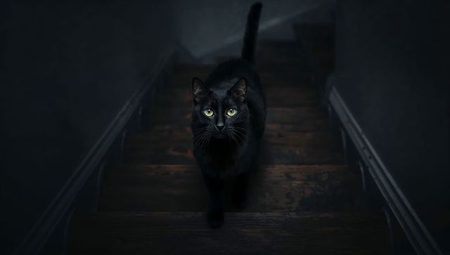Black cat walking up aged wooden stairs with glowing green eyes and moody lighting