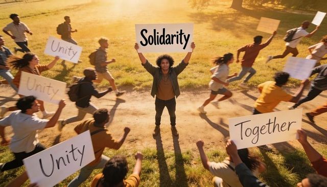 Central protester holding solidarity sign, diverse crowd marching through sunlit field