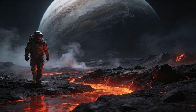Astronaut walking across lava rivers on volcanic alien planet with dramatic gas giant looming
