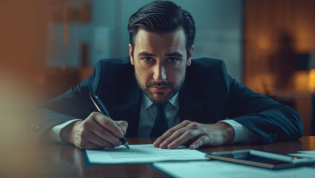 Focused Executive Signing Important Documents in Office