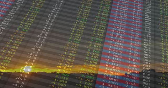 Translucent financial grid over sunset forest landscape