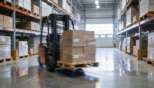 Forklift transporting shrink-wrapped pallet through warehouse aisle with led lighting