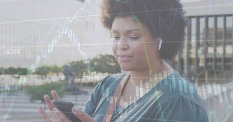 Biracial Woman Checking Financial Data on Street
