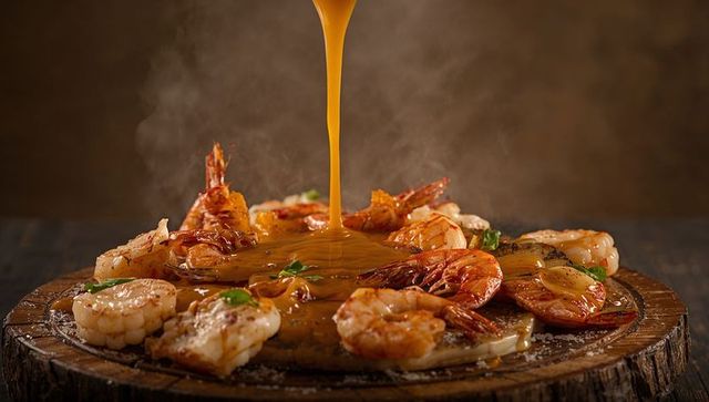 Golden sauce drizzling over seared shrimp platter on rustic wooden board