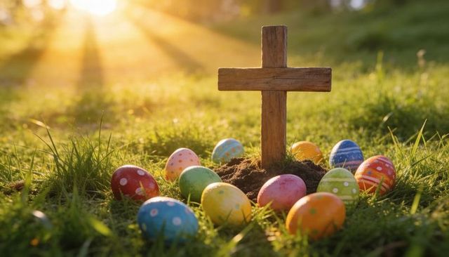 Sunrise illuminating wooden cross surrounded by colorful easter eggs on dewy grass