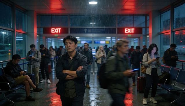Standing asian man with arms crossed in rainy airport terminal under exit signs, nighttime crowd