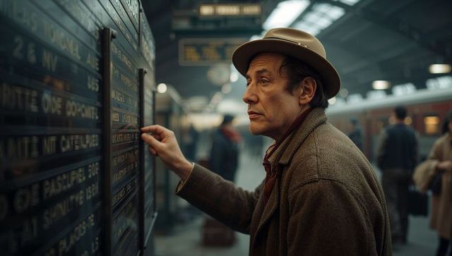 Vintage traveler checking schedule at historic train station