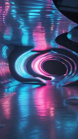 Vertical sci-fi corridor pulsing neon arches and reflective rippling floor, futuristic loop