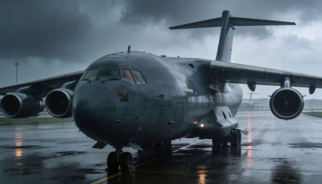 Heavy military cargo plane sitting on rain-soaked apron with reflective puddles