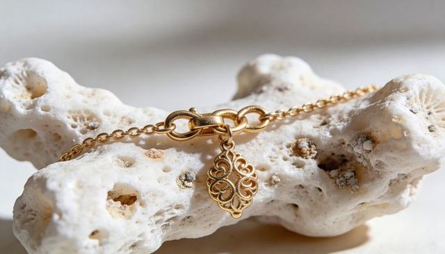 Gold chain with filigree teardrop pendant resting on porous coral rock closeup macro art