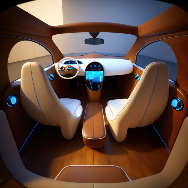 Interior of futuristic car with white seats, created using generative ai technology. Futuristic car and eco transport concept digitally generated image.