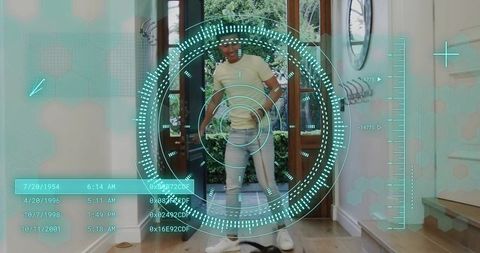 Man undergoing biometric doorway scan with futuristic holographic ui, smart home security and cat