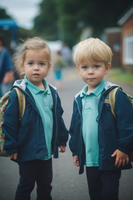 Portrait of caucasian schoolgirl and schoolboy in street, created using generative ai technology. First day of school, learning and education concept digitally generated image.