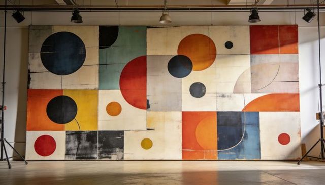 Geometric mural filling industrial studio wall with weathered texture and studio lights
